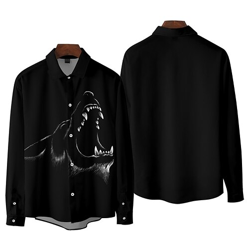 

Men's Shirt 3D Print Wolf Collar Street Casual Long Sleeve Tops Fashion Vintage Classic Black