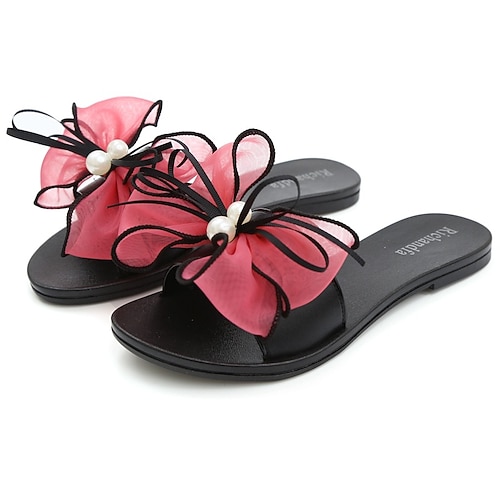 

Women's Slippers Flat Sandals Bowknot Satin Flower Flat Heel Round Toe Open Toe Elegant Casual Daily Beach PVC Loafer Spring Summer Almond Black Fuchsia