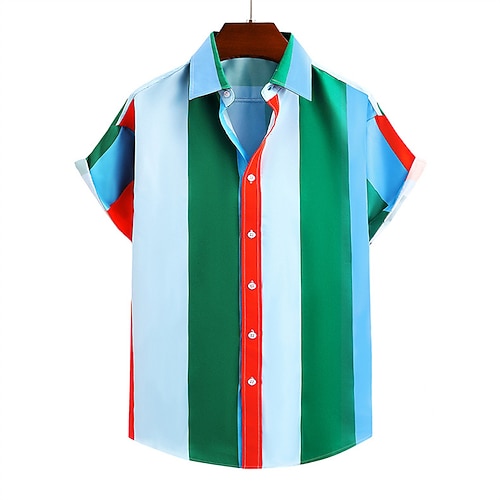 

Men's Shirt Striped Color Block Turndown Street Casual Button-Down Print Short Sleeve Tops Casual Fashion Streetwear Cool Green