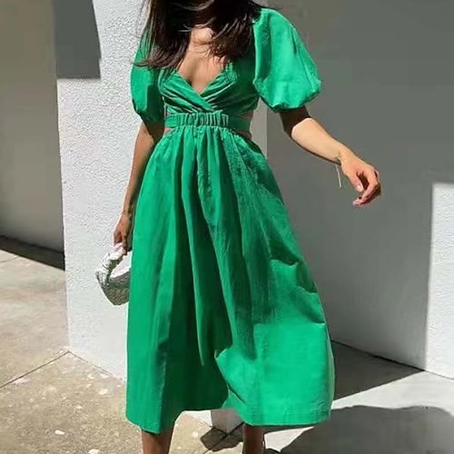 

Women's Satin Dress Maxi long Dress Green Short Sleeve Solid Color Ruched Lace up Zipper Spring Summer V Neck Casual Vacation 2022 S M L