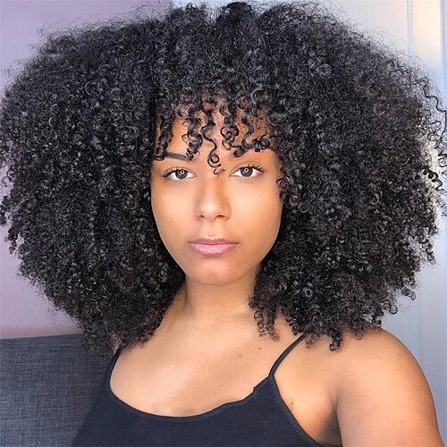 

Remy Human Hair Wig Kinky Curly With Bangs Natural Black Capless Brazilian Hair Women's Natural Black #1B 8 inch 10 inch 12 inch Party / Evening Daily Wear Vacation