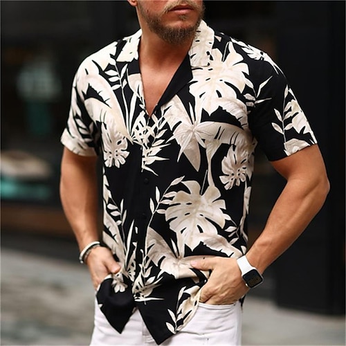 Men's Shirt Graphic Shirt Aloha Shirt Leaves Turndown Black White