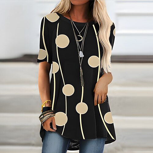 

Women's T Shirt Dress Tee Dress Mini Dress Yellow Short Sleeve Polka Dot Print Spring Summer Crew Neck Loose Fit 2022 S M L XL XXL 3XL