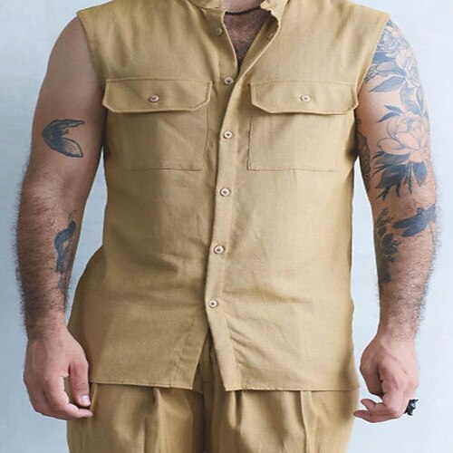 

Men's Shirt Solid Color Turndown Street Casual Button-Down Sleeveless Tops Casual Fashion Breathable Comfortable Khaki