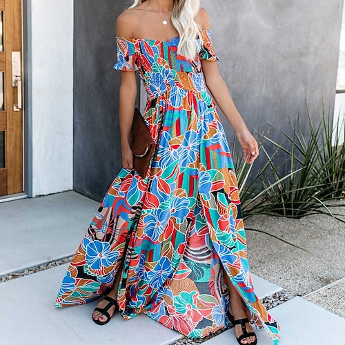 

Women's Swing Dress Short Mini Dress Blue Short Sleeve Floral Split Print Spring Summer Off Shoulder Elegant 2022 S M L XL