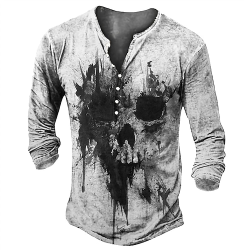 

Men's T shirt Tee Henley Shirt Tee Graphic Skull Henley Gray 3D Print Plus Size Outdoor Daily Long Sleeve Button-Down Print Clothing Apparel Basic Designer Classic Comfortable / Sports