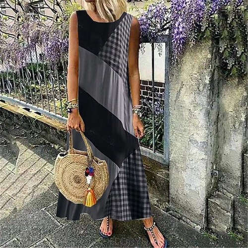 

Women's Shift Dress Maxi long Dress Black Sleeveless Plaid Color Block Geometric Print Spring Summer Crew Neck Casual Vacation 2022 S M L XL XXL 3XL