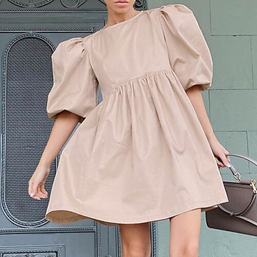 

Women's A Line Dress Short Mini Dress Green Black Light Green Khaki Light Blue Half Sleeve Pure Color Ruched Spring Summer Crew Neck Work Elegant Puff Sleeve 2022 S M L