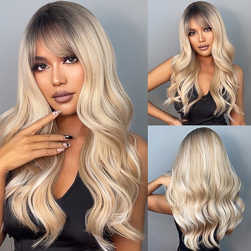 

HAIRCUBE Long Wavy Ombre Blonde Synthetic Wigs with Bangs Natural Straight Wig For African American Women Coaplay