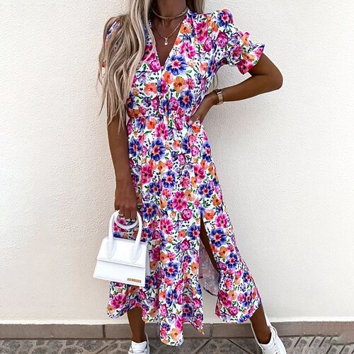 

Women's Floral Dress Midi Dress Blue Purple Red Yellow Half Sleeve Floral Split Print Spring Summer V Neck Casual 2022 S M L XL XXL