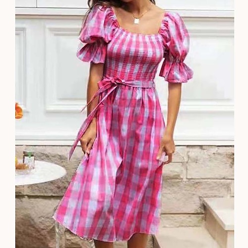 

Women's Casual Dress Midi Dress Pink Short Sleeve Plaid Ruched With Belt Spring Summer U Neck Casual Vacation 2022 S M L