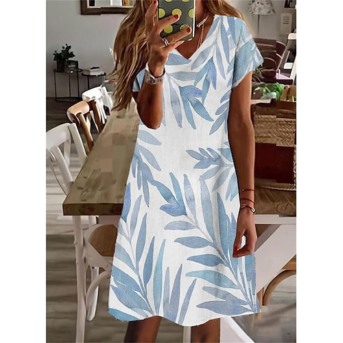 

Femme Robe casual Manche Courte Printemps Eté Imprimer Col V Ample 2022 Boom Vente Robe Bleu S M L XL XXL 3XL