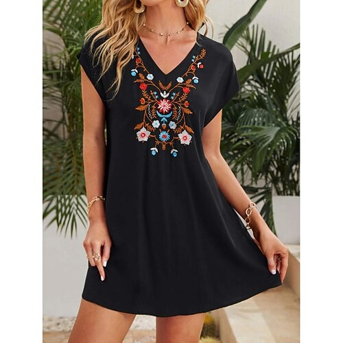 

Women's A Line Dress Short Mini Dress Black Short Sleeve Floral Print Ruched Print Spring Summer V Neck Elegant Casual 2022 S M L XL XXL 3XL