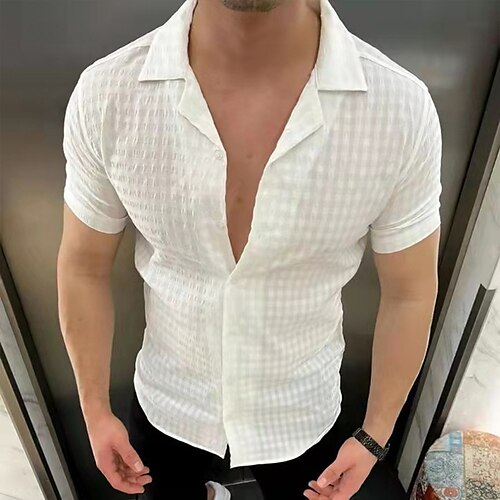 

Men's Shirt Striped Turndown Khaki White Outdoor Street Short Sleeve Button-Down Clothing Apparel Fashion Casual Breathable Comfortable