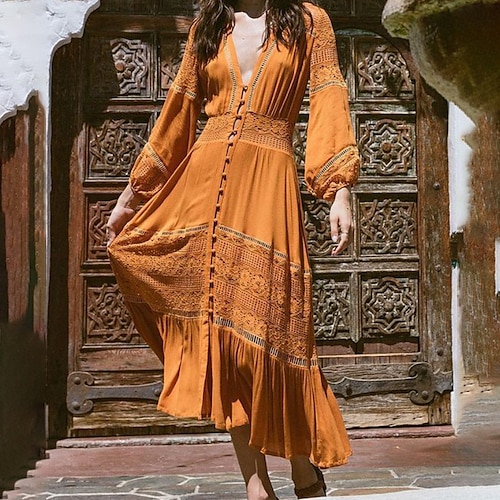 

Women's Lace Dress Maxi long Dress Yellow Long Sleeve Pure Color Lace Patchwork Spring Summer V Neck Casual 2022 S M L XL