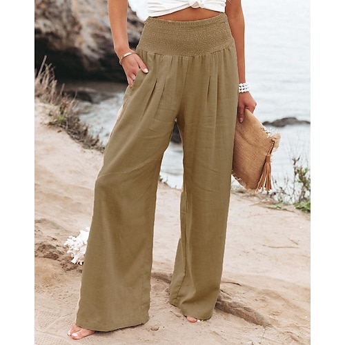 

Women's Fashion Culottes Wide Leg Chinos Slacks Wide Leg Side Pockets Full Length Pants Casual Weekend Micro-elastic Plain Comfort Mid Waist Loose White Black Khaki S M L XL XXL