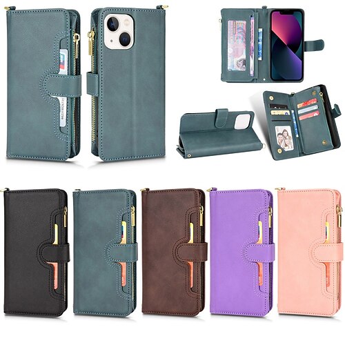 

Phone Case For Apple Wallet Card iPhone 13 Pro Max 12 Mini 11 X XR XS Max 8 7 Zipper Shockproof with Wrist Strap Solid Colored PU Leather