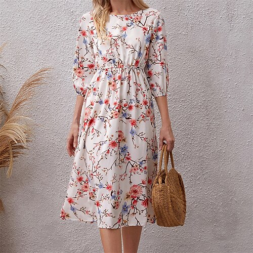 

Women's A Line Dress Midi Dress White Half Sleeve Floral Ruched Print Spring Summer Crew Neck Stylish Elegant 2022 S M L XL XXL