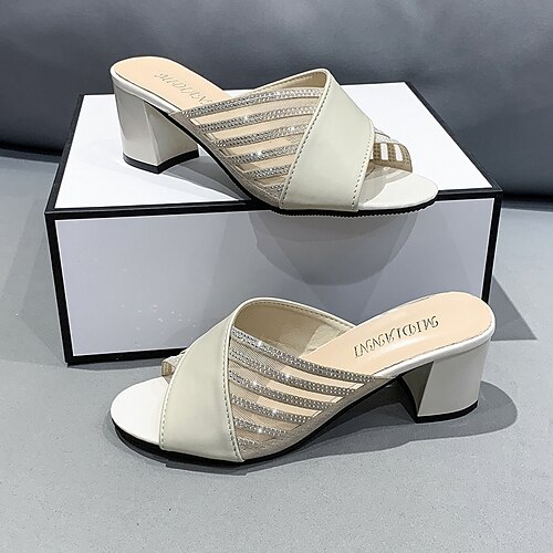 

Women's Mules Rhinestone Chunky Heel Round Toe Casual Daily Club Walking Shoes PU Leather Loafer Spring Summer Almond Black