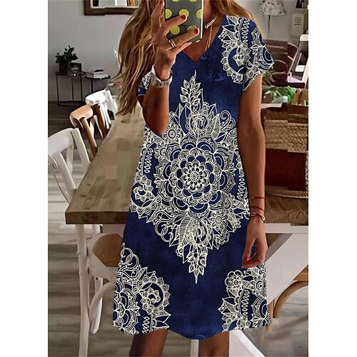 

Femme Robe casual Manche Courte Printemps Eté Imprimer Floral Col V Ample 2022 Boom Vente Robe bleu marine S M L XL XXL 3XL