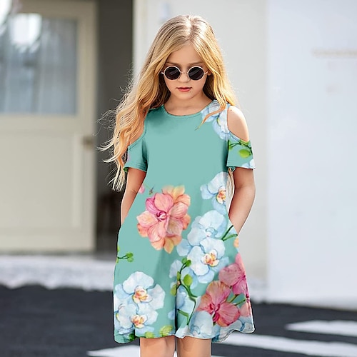 

Kids Girls' Dress Flower A Line Dress Above Knee Dress Daily Patchwork Short Sleeve Sweet Dress 3-12 Years Summer Green Light Green