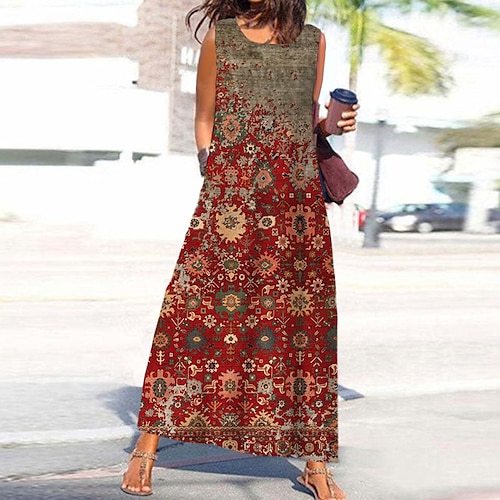 

Damen Schaukelkleid kleid lang Grün Blau Rote Ärmellos Blumen Tasche Bedruckt Frühling Sommer Rundhalsausschnitt Urlaub Stilvoll Casual 2022 S M L XL XXL 3XL