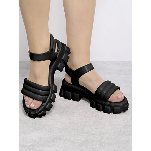

Women's Sandals Platform Sandals Plus Size Flat Heel Open Toe Casual Minimalism Daily PU Leather Ankle Strap Spring Summer Solid Colored Black Beige