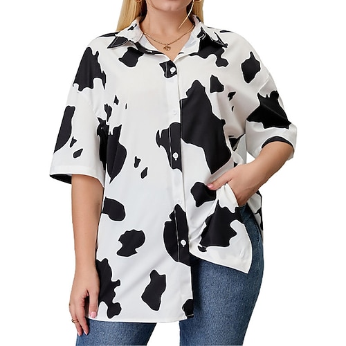 

Women's Plus Size Tops Blouse Shirt Graphic Button Print Short Sleeve Shirt Collar Streetwear Daily Going out Cotton Spring Summer Black
