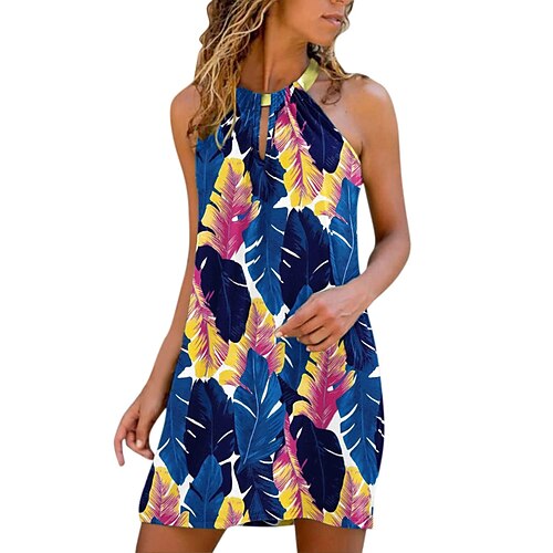 

Women's Casual Dress Short Mini Dress Black gray Green Blue White Black Purple Dark Blue Red Yellow Sleeveless Floral Cold Shoulder Print Spring Summer Halter Neck Casual 2022 S M L XL XXL