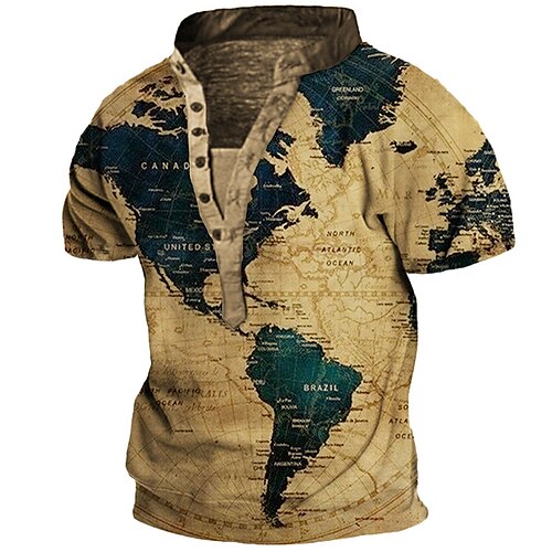

Men's Henley Shirt T shirt 3D Print Graphic Map Stand Collar Street Casual Button-Down Print Short Sleeve Tops Basic Vintage Classic Comfortable Khaki