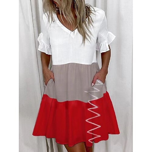 

Women's Casual Dress White Short Sleeve Color Block Pocket Spring Summer V Neck 2022 S M L XL XXL 3XL