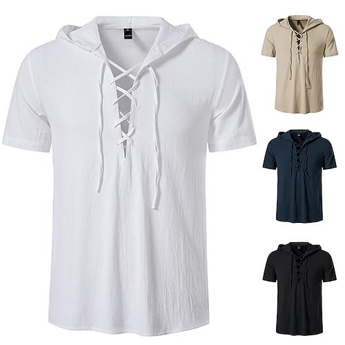

Men's Collared Shirt Solid Color Hooded Daily Lace up Short Sleeve Tops Casual Black L