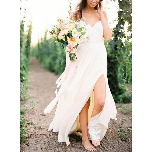 

A-Line Wedding Dresses V Neck Spaghetti Strap Sweep / Brush Train Chiffon Sleeveless Simple Beach Sexy Backless with Split Front 2022