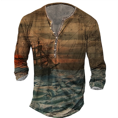 

Hombre Camiseta Henley Shirt Tee Graphic Timón Henley Marrón Impresión 3D Talla Grande Exterior Diario Manga Larga Abotonar Estampado Ropa Básico Design Casual Clásico / Deportes