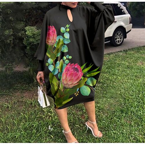 

Women's Shift Dress Knee Length Dress White Black Navy Blue Yellow Long Sleeve Floral Print Spring Summer Stand Collar Elegant Casual 2022 S M L XL XXL 3XL 4XL 5XL