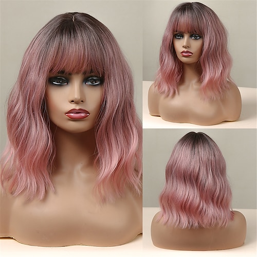 

HAIRCUBE Cosplay Bob Wig with Bangs Pink/Auburn/Ombre Brown/green/Wine/Dark Brown Synthetic Culy Wigs for African American Women Natural