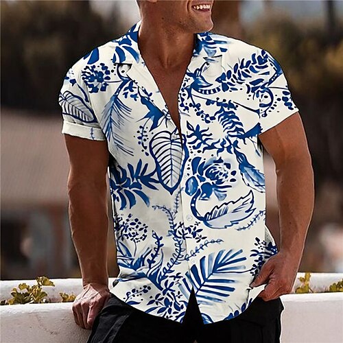 

Men's Shirt Print Leaves Turndown Street Casual Button-Down Print Short Sleeve Tops Casual Fashion Designer Breathable Blue / Spring / Summer