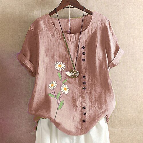 

Women's Plus Size Curve Tops Blouse Floral Print Short Sleeve Round Neck Streetwear Festival Daily Sports Cotton Spring Summer Blue Pink