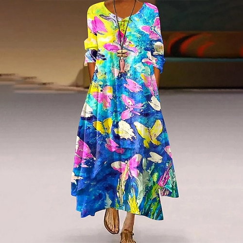 

Women's A Line Dress Maxi long Dress Green Blue Gray Pink Royal Blue Yellow Long Sleeve Floral Butterfly Print Spring Summer Round Neck Casual 2022 S M L XL XXL 3XL 4XL 5XL