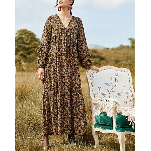 

Women's Swing Dress Midi Dress Brown Long Sleeve Print Patchwork Print Fall Spring V Neck Party Stylish Work 2022 M L XL