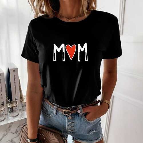 

Women's Painting T shirt Heart Print Round Neck Basic Tops White Black