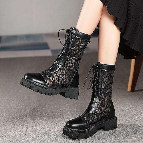 

Women's Boots Summer Boots Booties Ankle Boots Chunky Heel Round Toe Casual Daily PU Leather Mesh Zipper Fall Summer Solid Colored White Black / Booties / Ankle Boots