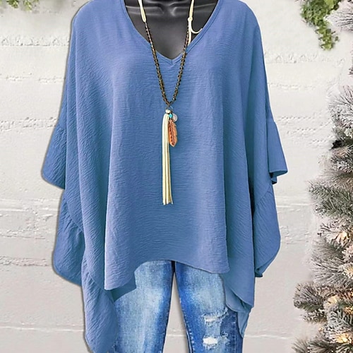 

Women's Plus Size Tops Blouse Plain Asymmetric 3/4 Length Sleeve V Neck Streetwear Daily Going out Polyester Spring Summer Green Blue