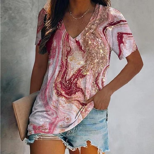 

Women's T shirt Tee Dusty Rose Graphic Galaxy Patchwork Print Short Sleeve Casual Sports Beach V Neck Regular Geometric Painting S / 3D Print