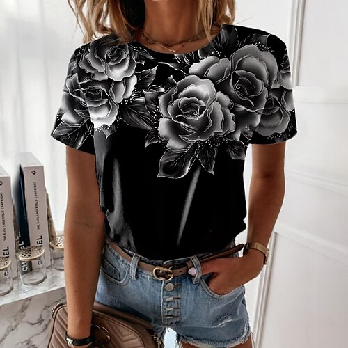 

Mujer Camiseta Negro Amarillo Rosa Floral Estampado Manga Corta Casual Festivos Básico Escote Redondo Regular Pintura S