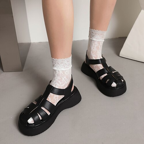 

Women's Sandals Buckle Flat Heel Open Toe Preppy Minimalism Daily PU Leather Buckle Fall Summer Solid Colored Black Ivory