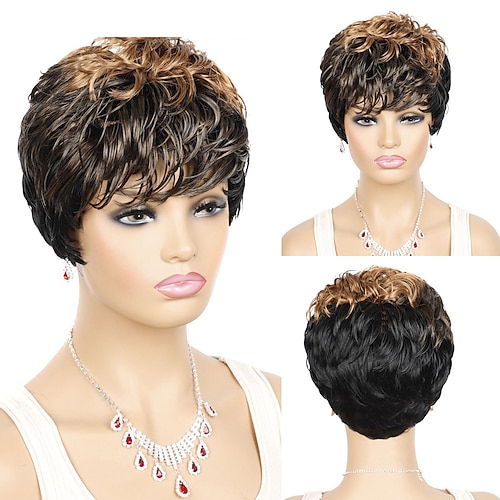 

Short Wigs Women Natural Wavy Wigs For Women Black Color Heat Resistant Fiber Synthetic Hair Pixie Cut Wig With Bangs