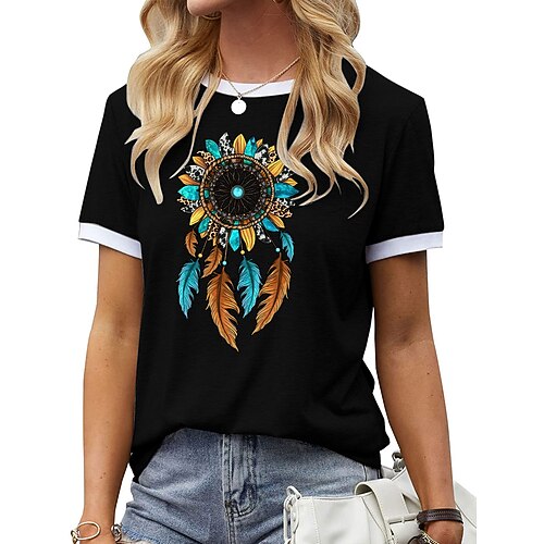 

Women's T shirt Graphic Letter Patchwork Print Round Neck Basic Tops Green Blue Black