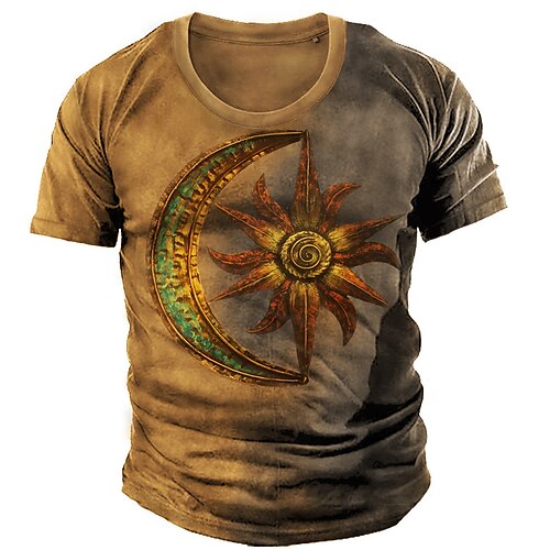 

Men's T shirt 3D Print Graphic Moon Crew Neck Casual Daily Print Short Sleeve Tops Fashion Vintage Classic Comfortable Brown