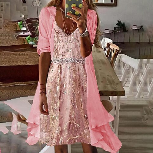 

Women's Two Piece Dress Midi Dress Pink Long Sleeve Floral Print Spring Summer V Neck Stylish Party Loose 2022 S M L XL XXL 3XL / Party Dress